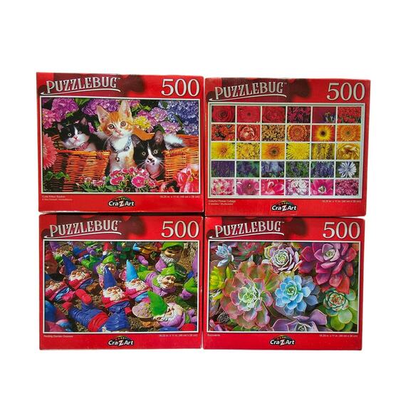 4 PUZZLES 500 pc each Kitten Gnome Succulents Flowers NEW Unopened 18 1/4" x 11" - Picture 1 of 2